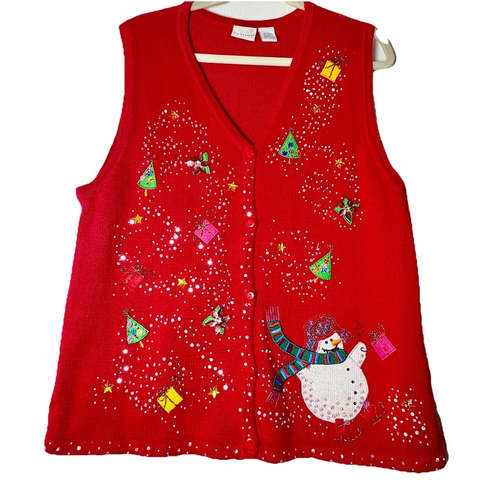 Christmas Sweater Vest Red W Snowmen Sequin Beads Womens Sz L Holiday Wear